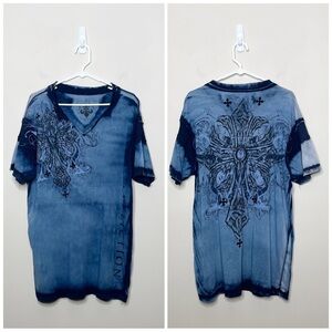 Affliction Mens T Shirt Live Fast Size XL Blue Cross Rare Stitch Y2K Distressed
